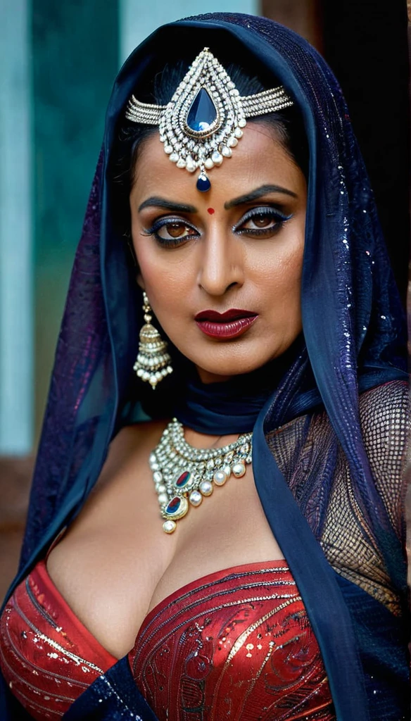 maman indienne, On dirait Mahie Gill, Full body Closeup shot, Grande tante potelée, milF, cougar dame sorcière, horny Gothic milF,  Magnifique dame mature de 70 ans, démone perverse, demoness oF lust, courbée, lèvres noires, horny Face, extrêmement magnifique, thick Figure, heavy physique, voluptueux, courbée, sexy Figure, Fashionable portrait oF androgynous alien looking witch wearing veil, yeux brillants, Futuristic design, détails minimes, Givenchy, photoréaliste, 200mm, HD, F/ 2.0, très détaillé, surréaliste, sexy beautiFul evil woman, Saree sexy à paillettes audacieuses avec soutien-gorge sans bretelles, sexe, Vampire, genre d&#39;horreur, enchanteresse assoiffée de sang, powerFul Female spirit, sinistre, raide mort, in the style oF red and blue, (détails complexes, hyperdétaillé:1.15) (Texture de la peau:1.2), ton sombre de mauvaise humeur, Éclairage cinématographique, lieu hanté en arrière-plan, Amma chaude, tante chaude, bhabhi chaud, Chachi chaud, heavy Figure, Fleshy Figure, poitrine lourde et tombante, femme chaude épicée, 