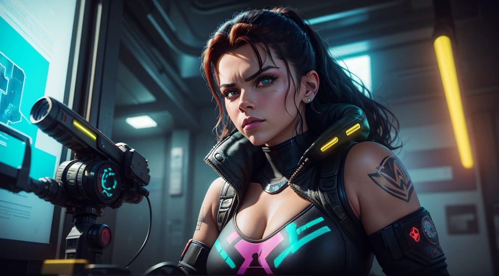 Judy Alvarez from cyberpunk 2077, background is a bright scene, neon lights illuminating the area around her, The artwork is rendered in an edgy and realistic style, with high attention to detail and sharp focus. The colors are vivid and contrasted, with a slight desaturation to create a moody atmosphere. shadowy highlights enhancing the overall composition. The medium used is a digital illustration, with a touch of photo-realistic elements to add depth and texture to the image. The final result is a masterpiece in ultra-high resolution,