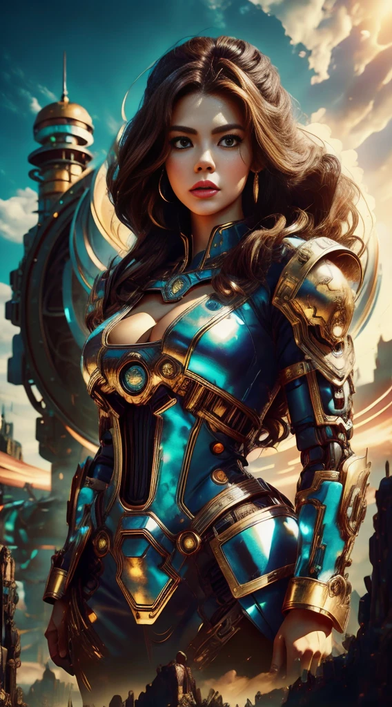 there is a woman in a dress standing in front of a giant robot, by Don Maitz, portrait of sofia vergara, promotional art, attractive brown hair woman, retropunk, protagonist in foreground, inspired by Louis Pohl, mechanic, anime visual of a young woman, compute shader, inspired by Donato Giancola, youtube thumbnail, chrome art  