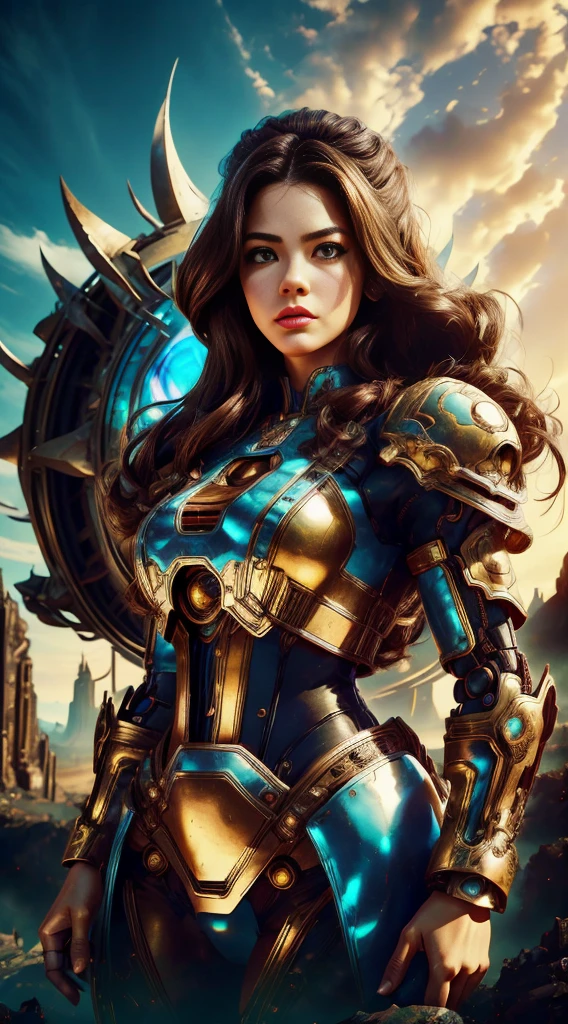 there is a woman in a dress standing in front of a giant robot, by Don Maitz, portrait of sofia vergara, promotional art, attractive brown hair woman, retropunk, protagonist in foreground, inspired by Louis Pohl, mechanic, anime visual of a young woman, compute shader, inspired by Donato Giancola, youtube thumbnail, chrome art  