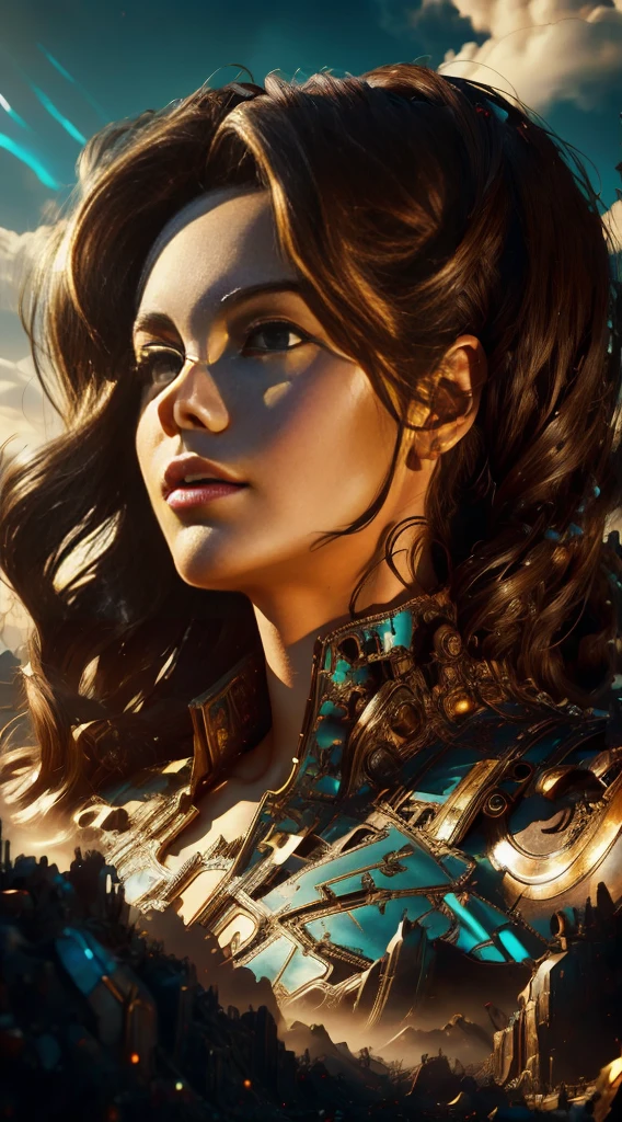 there is a woman in a dress standing in front of a giant robot, by Don Maitz, portrait of sofia vergara, promotional art, attractive brown hair woman, retropunk, protagonist in foreground, inspired by Louis Pohl, mechanic, anime visual of a young woman, compute shader, inspired by Donato Giancola, youtube thumbnail, chrome art  