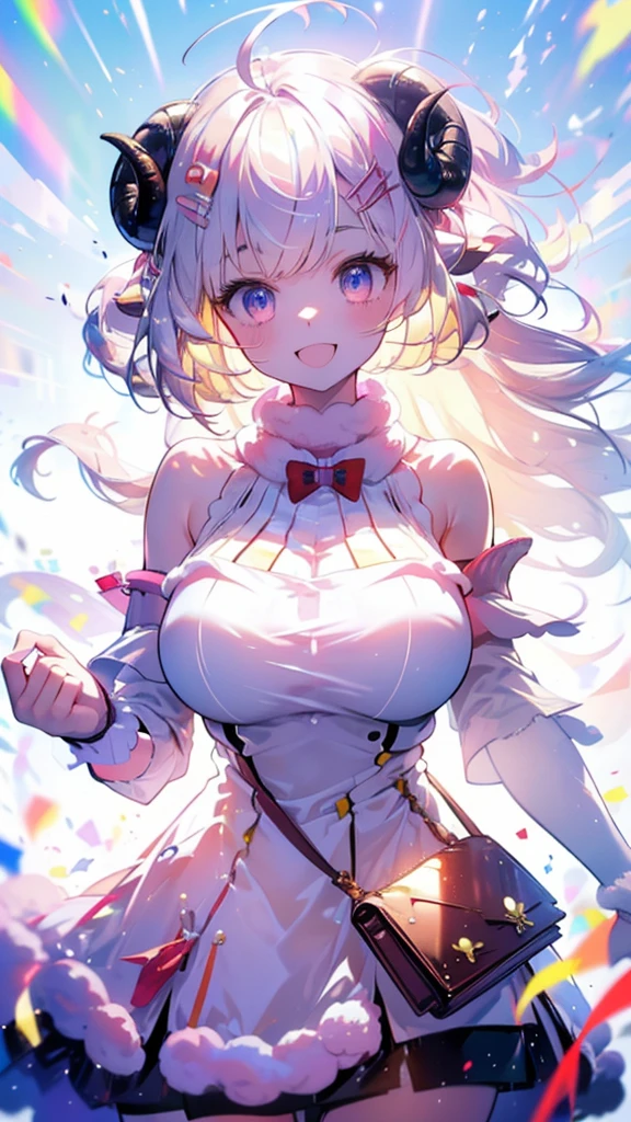 (Ultra-high resolution,masterpiece, Attention to detail, Highest quality), 8k,(watamebase, very long hair, ahoge, hairclip, fur-trimmed dress, bowtie, detached sleeves, pouch, cape, huge breasts),(Blessed,Captivating body、Ultra-detailed skin、Super beautiful eyes、Detailed Background),One girl、 (cheerful ,enjoy :1.5),