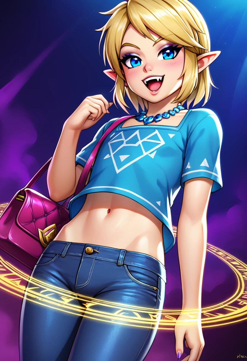 divine light,linkxl,walking,(young),thin,blonde hair,pointy ears,blue eyes,black lips,eye shadow,blush,makeup,confident,evil,(mean:0.7),laugh,sharp fangs,flat chest, chest binder,luxurious necklaces,school outfit,navel,jeans,triforce,surrounded by magic, purse handbag, standing, night, solo, universe altar, magic circle, dark background, from below, close-up, perfect,