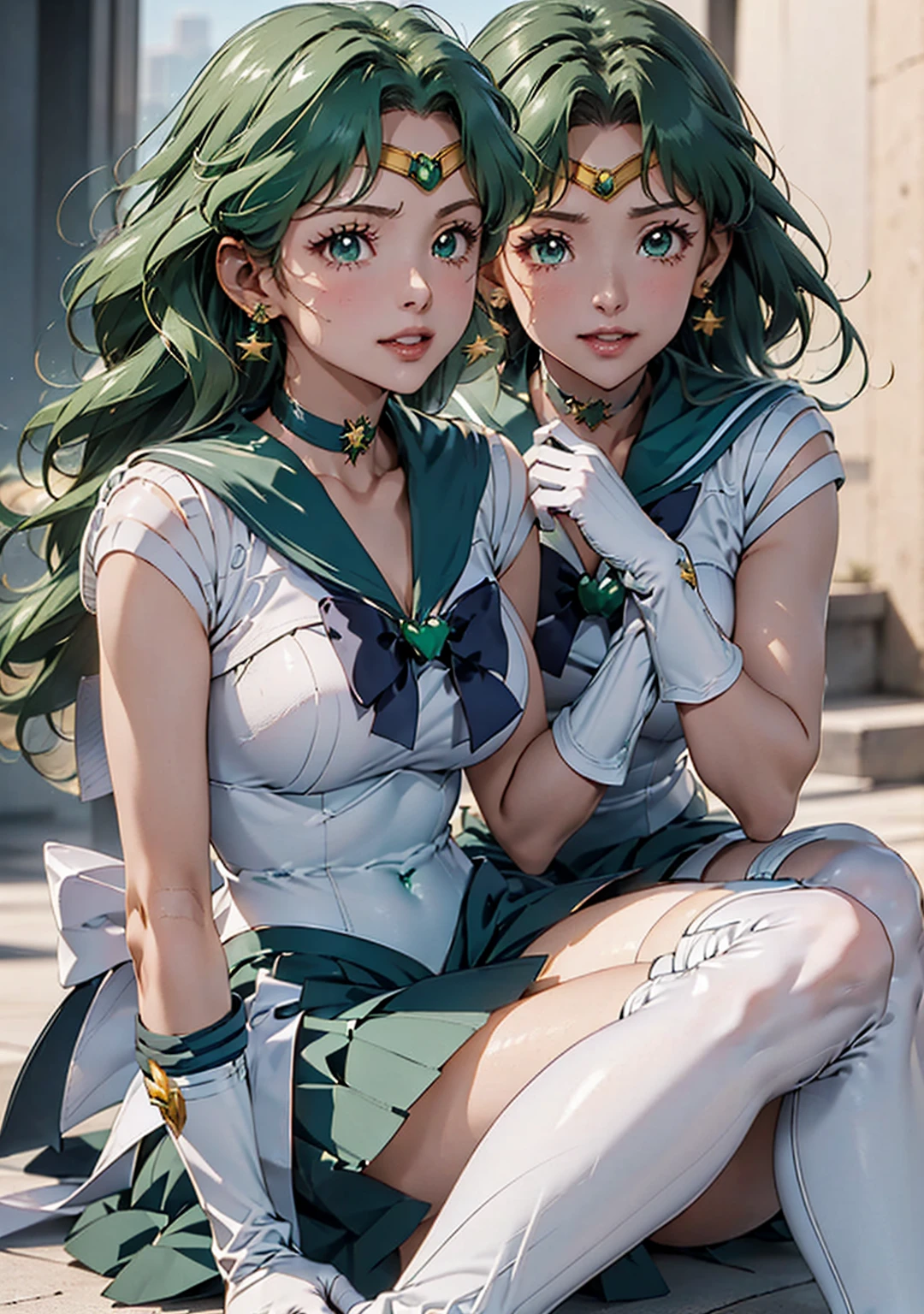 (La Highest quality,High resolution,Very detailed,Actual),Ariana Grande,One Girl, Sailor Neptune, (Sailor Warrior Uniforms:1.4), Dark green hair, Medium Hair, Supplicant Skirt, Earrings, (白いElbow hand pockets:1.4), gem, Center of chest, Dynamic Background, Dynamic posture, High heels,More detailed 8K.Unreal Engine:1.4,超High resolution,La Highest quality:1.4, Realistic:1.4, Skin Texture:1.4, masterpiece:1.8,masterpiece, Highest quality,Object Object], (Detailed facial features:1.3),(Great hands),,(White knee-high boots: 1.4), choker, (White gloves:1.4), choker verde, Elbow hand pockets, gem, Earrings, Green Skirt, Green Hair,(Sailor Neptune:1.4),(Half Body:1.4) ,(Hand Detail:1.4 ), ,( Cyberpunk 2.1),( Beautiful green eyes ), ((Spread your legs:1.5)), ((Spreading pussy:1.5)), From the knee up, Sitting, Raise your knees, Raise your arms above your head