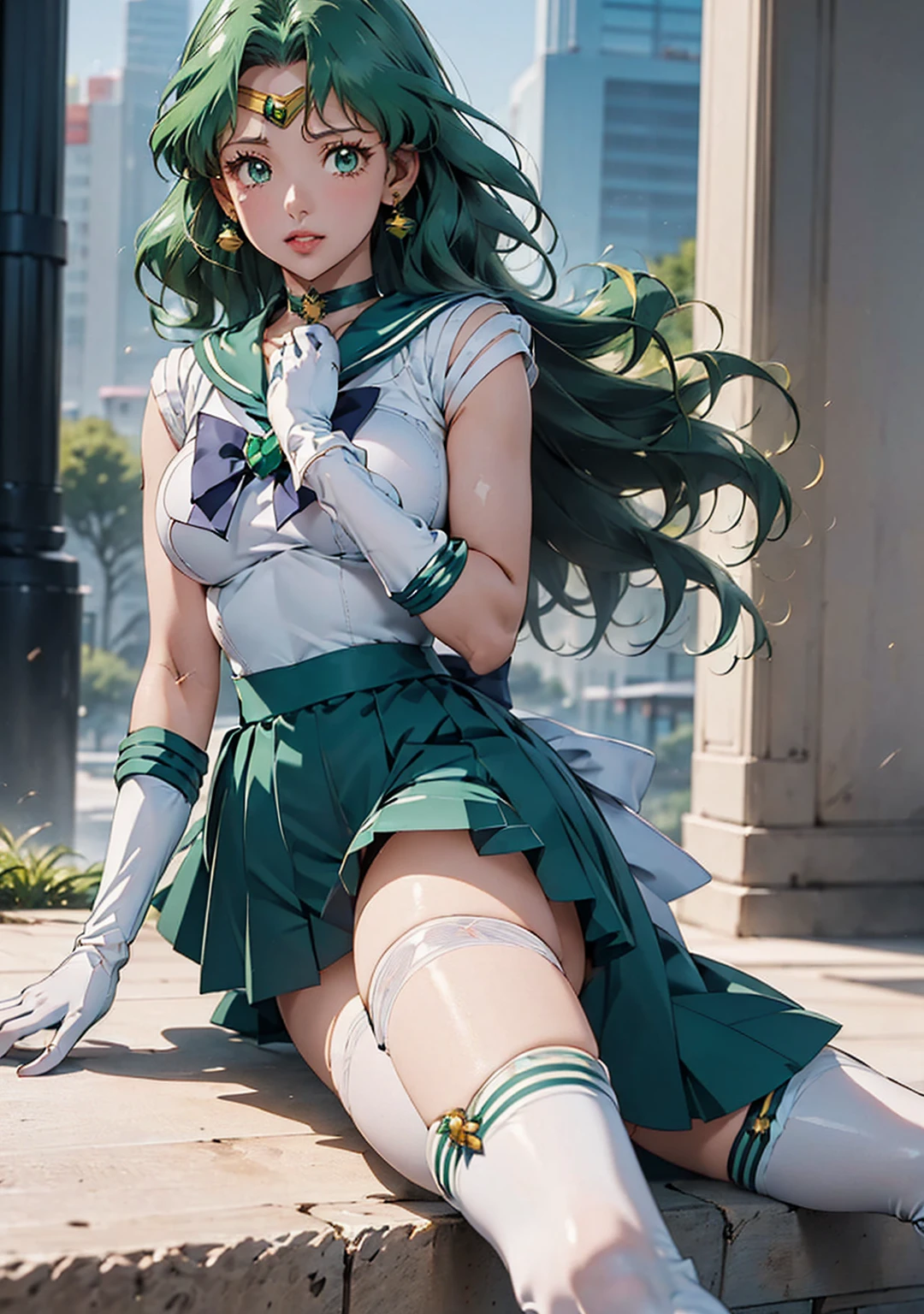 (La Highest quality,High resolution,Very detailed,Actual),Ariana Grande,One Girl, Sailor Neptune, (Sailor Warrior Uniforms:1.4), Dark green hair, Medium Hair, Supplicant Skirt, Earrings, (白いElbow hand pockets:1.4), gem, Center of chest, Dynamic Background, Dynamic posture, High heels,More detailed 8K.Unreal Engine:1.4,超High resolution,La Highest quality:1.4, Realistic:1.4, Skin Texture:1.4, masterpiece:1.8,masterpiece, Highest quality,Object Object], (Detailed facial features:1.3),(Great hands),,(White knee-high boots: 1.4), choker, (White gloves:1.4), choker verde, Elbow hand pockets, gem, Earrings, Green Skirt, Green Hair,(Sailor Neptune:1.4),(Half Body:1.4) ,(Hand Detail:1.4 ), ,( Cyberpunk 2.1),( Beautiful green eyes ), ((Spread your legs:1.5)), ((Spreading pussy:1.5)), From the knee up, Sitting, Raise your knees, Raise your arms above your head