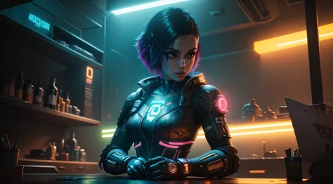 judy alvarez from cyberpunk 2077, background is a bright scene, neon lights illuminating the area around her, the artwork is ren...