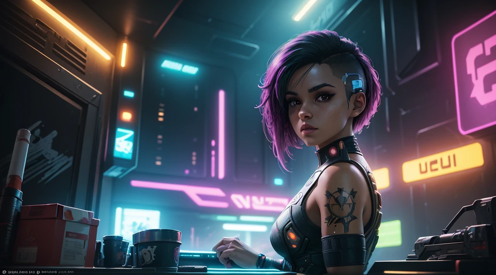 Judy Alvarez from cyberpunk 2077, background is a bright scene, neon lights illuminating the area around her, The artwork is rendered in an edgy and realistic style, with high attention to detail and sharp focus. The colors are vivid and contrasted, with a slight desaturation to create a moody atmosphere. shadowy highlights enhancing the overall composition. The medium used is a digital illustration, with a touch of photo-realistic elements to add depth and texture to the image. The final result is a masterpiece in ultra-high resolution,