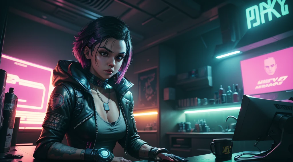 Judy Alvarez from cyberpunk 2077, background is a bright scene, neon lights illuminating the area around her, The artwork is rendered in an edgy and realistic style, with high attention to detail and sharp focus. The colors are vivid and contrasted, with a slight desaturation to create a moody atmosphere. shadowy highlights enhancing the overall composition. The medium used is a digital illustration, with a touch of photo-realistic elements to add depth and texture to the image. The final result is a masterpiece in ultra-high resolution,