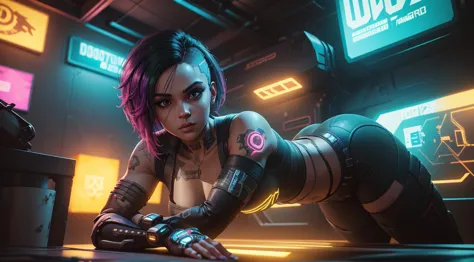 judy alvarez from cyberpunk 2077, background is a bright scene, neon lights illuminating the area around her, the artwork is ren...