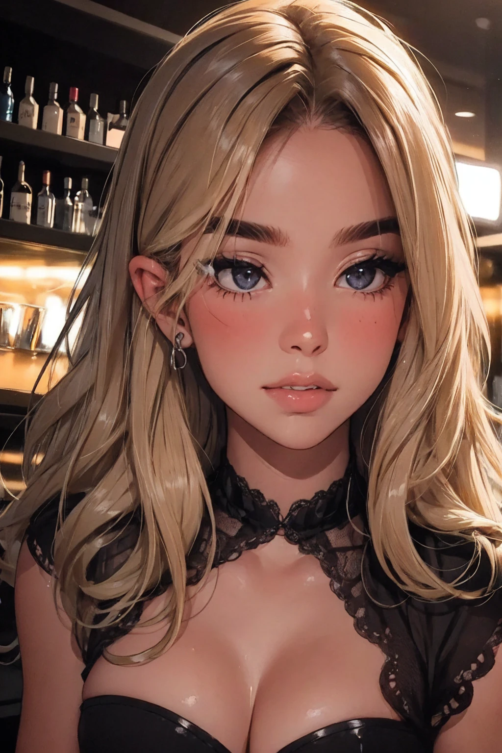 girl at a nightclub sitting at bar, eyeliner (masterpiece) (best quality) (detailed) (8k) (HDR) (wallpaper) (cinematic lighting) (sharp focus) (intricate) wavy blonde hair, biting lip, medium hair, slutty outfit, sexy, blush, aroused, cleavage, shiny , wet skin, girl, dark makeup, acting flirty, tucking hair behind ear