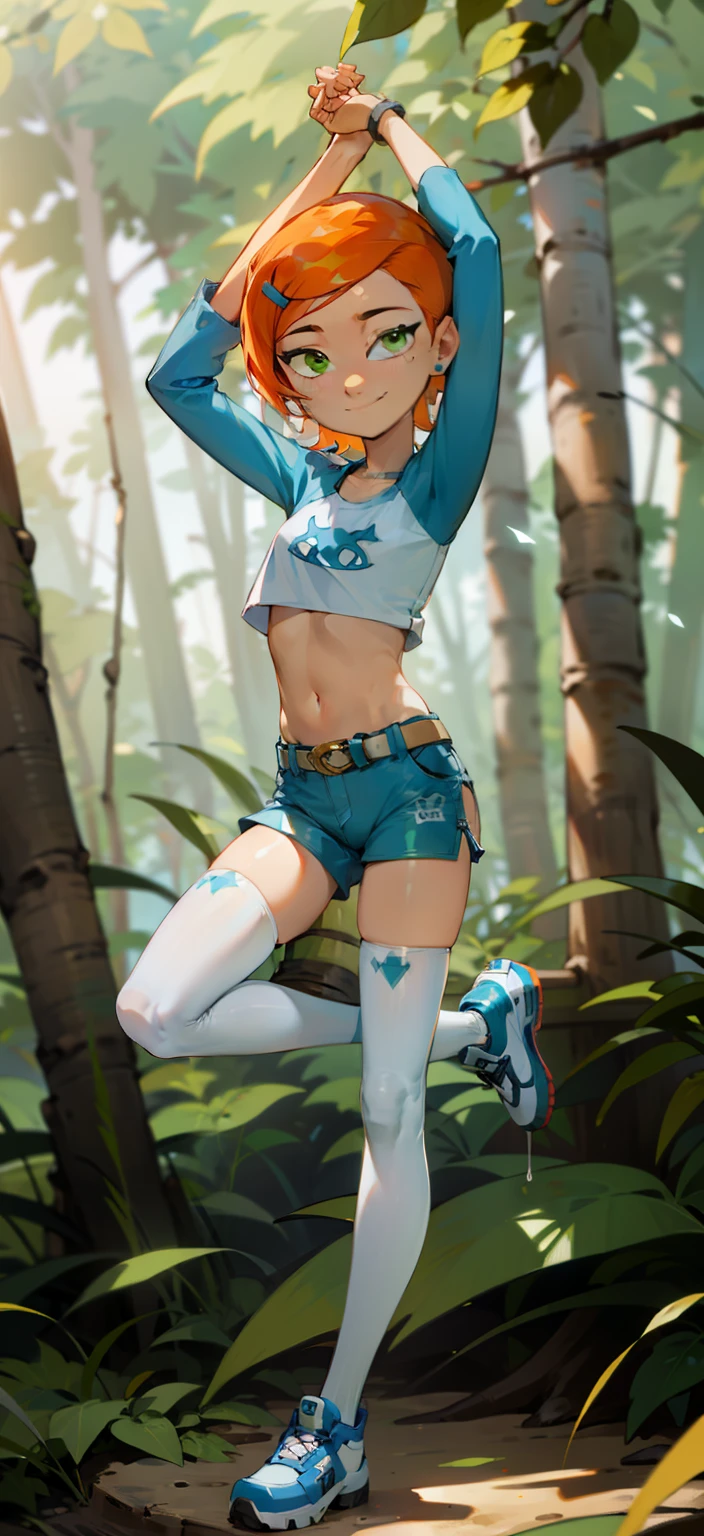 (Masterpiece), Best Quality, ultra-detailed, 1girl (Gwendolyn_Tennyson, beautiful face, breasts, orange hair, short hair, green eyes), , a charming face, smile, looking at viewer, solo, long sleeves, navel, belt, blue shorts,  white thighhighs, in the forest, , standing, one leg up, arms up, Full-body 