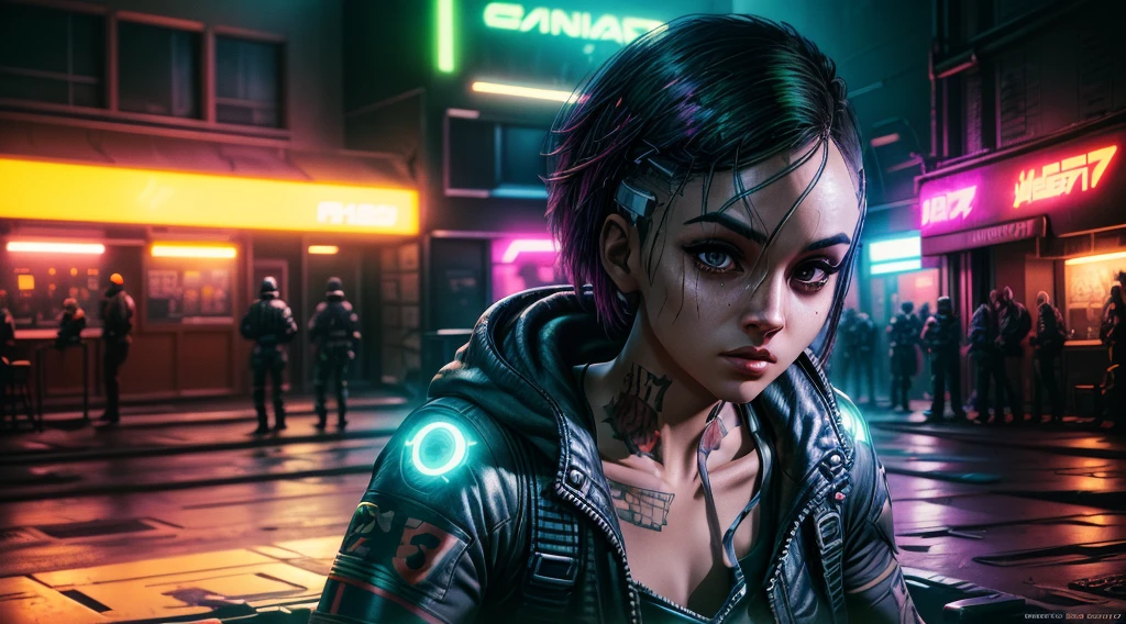 Judy Alvarez from cyberpunk 2077, background is a bright scene, neon lights illuminating the area around her, The artwork is rendered in an edgy and realistic style, with high attention to detail and sharp focus. The colors are vivid and contrasted, with a slight desaturation to create a moody atmosphere. shadowy highlights enhancing the overall composition. The medium used is a digital illustration, with a touch of photo-realistic elements to add depth and texture to the image. The final result is a masterpiece in ultra-high resolution,