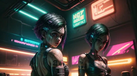 judy alvarez from cyberpunk 2077, background is a bright scene, neon lights illuminating the area around her, the artwork is ren...