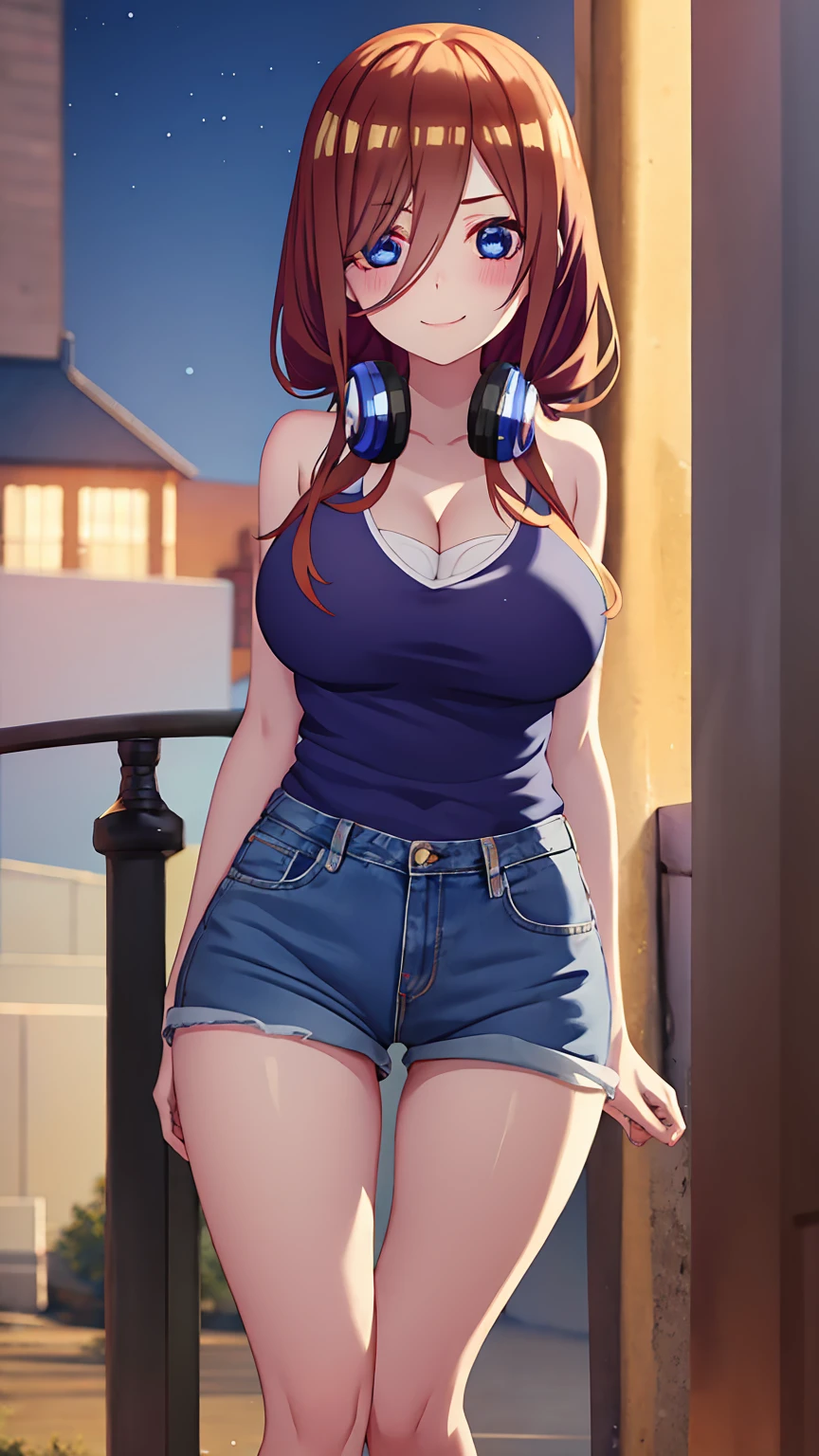 [miku nakano, long hair, bangs, blue eyes, brown hair, shirt, hair between eyes, headphones, cardigan, headphones around neck,], 1girl, anime girl, anime, girl, 2d girl, 16y, (fullbody), seductive smile, blush, cleavage, Solo, Slim, Big breasts, large Breasts, sfw, cowboy shot, Tight Shorts, low waist shorts, upshorts, outdoors, night background, looking at viewer, darker shadows, (((shorts))), (((thigh gap))), (((lowleg shorts))),