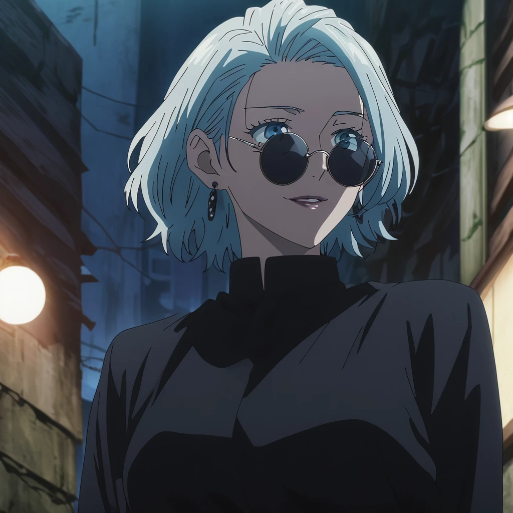 1girl, female gojo satoru, anime screencap from jujutsu kaisen, gojo satoru female version, solo, short_hair, ((Blue eyes, round sunglasses)) ((Silver_hair, hair over ear from one side))((slicked hair)) , night view, (hanging breasts) upper_body, smile, indoors, parted lips, (short hair) ((wearing black colour outfit, glossy)) breast, "very detailed and high resolution" (Blue eyes, round sunglasses) ((solo)) (((front view))) (earings) ((high resolution)) ((good quality)) ((silky hair, hair over ear from one side))((hair slicked)) ((parted lips)) ((full body))