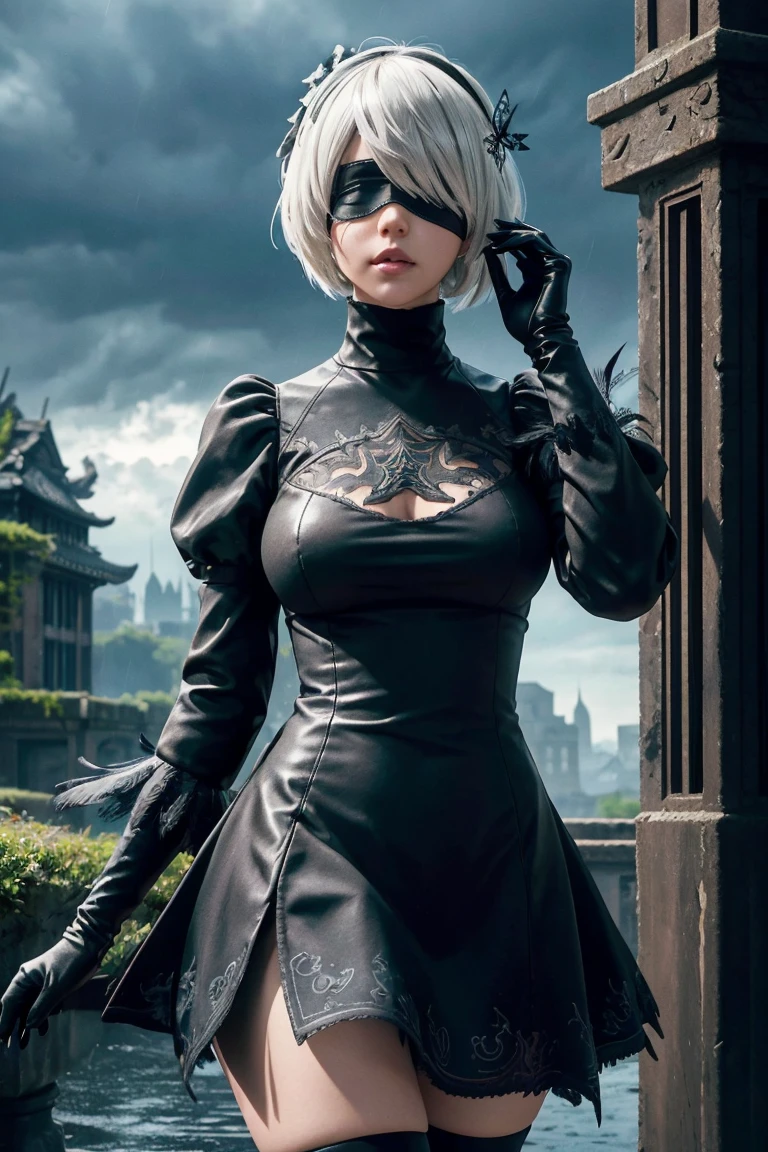 2B Nier Automata,Bobcut, Gray Hair,Long sleeve, Juliet Sleeve, White gloves, turtleneck, bangs, Feather ornament, Feather ornament sleeves, Blindfold, Black Goth Dress,Japanese Ultra HD,super high quality,masterpiece,Digital SLR,Photorealistic,Detailed details,Vivid details,Depicted in detail,A detailed face,Detailed details,Super Detail,Realistic skin texture,Anatomical basis,Perfect Anatomy,Anatomically correct hand,Anatomically correct fingers,Complex 3D rendering,Sexy pose,Rainy Sky,Beautiful scenery,Fantastic rainy sky,Fantasy worldview,Beautiful night sky,Picturesque,Pink Lips,Black butterfly々Fluttering,A ruined world,A devastated battlefield,ruins,