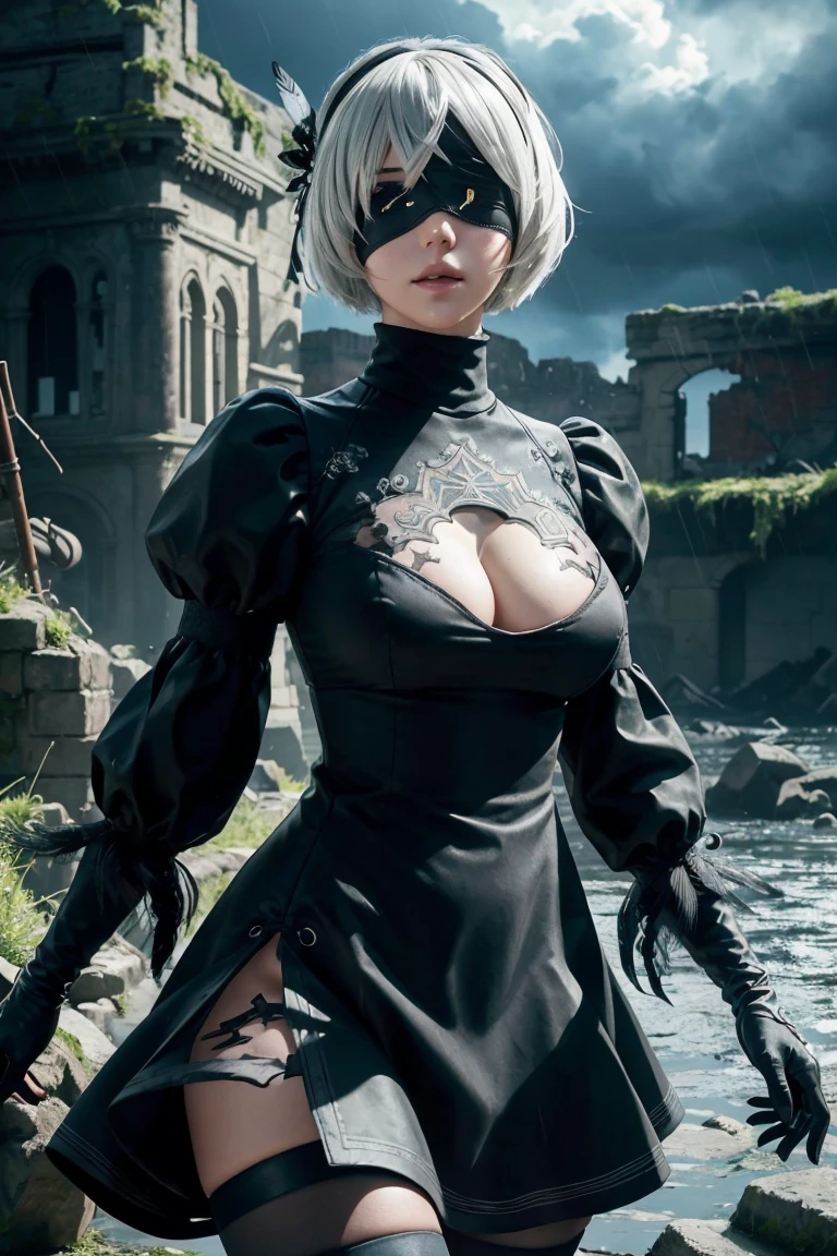 2B Nier Automata,Bobcut, Gray Hair,Long sleeve, Juliet Sleeve, White gloves, turtleneck, bangs, Feather ornament, Feather ornament sleeves, Blindfold, Black Goth Dress,Japanese Ultra HD,super high quality,masterpiece,Digital SLR,Photorealistic,Detailed details,Vivid details,Depicted in detail,A detailed face,Detailed details,Super Detail,Realistic skin texture,Anatomical basis,Perfect Anatomy,Anatomically correct hand,Anatomically correct fingers,Complex 3D rendering,Sexy pose,Rainy Sky,Beautiful scenery,Fantastic rainy sky,Fantasy worldview,Beautiful night sky,Picturesque,Pink Lips,Black butterfly々Fluttering,A ruined world,A devastated battlefield,ruins,