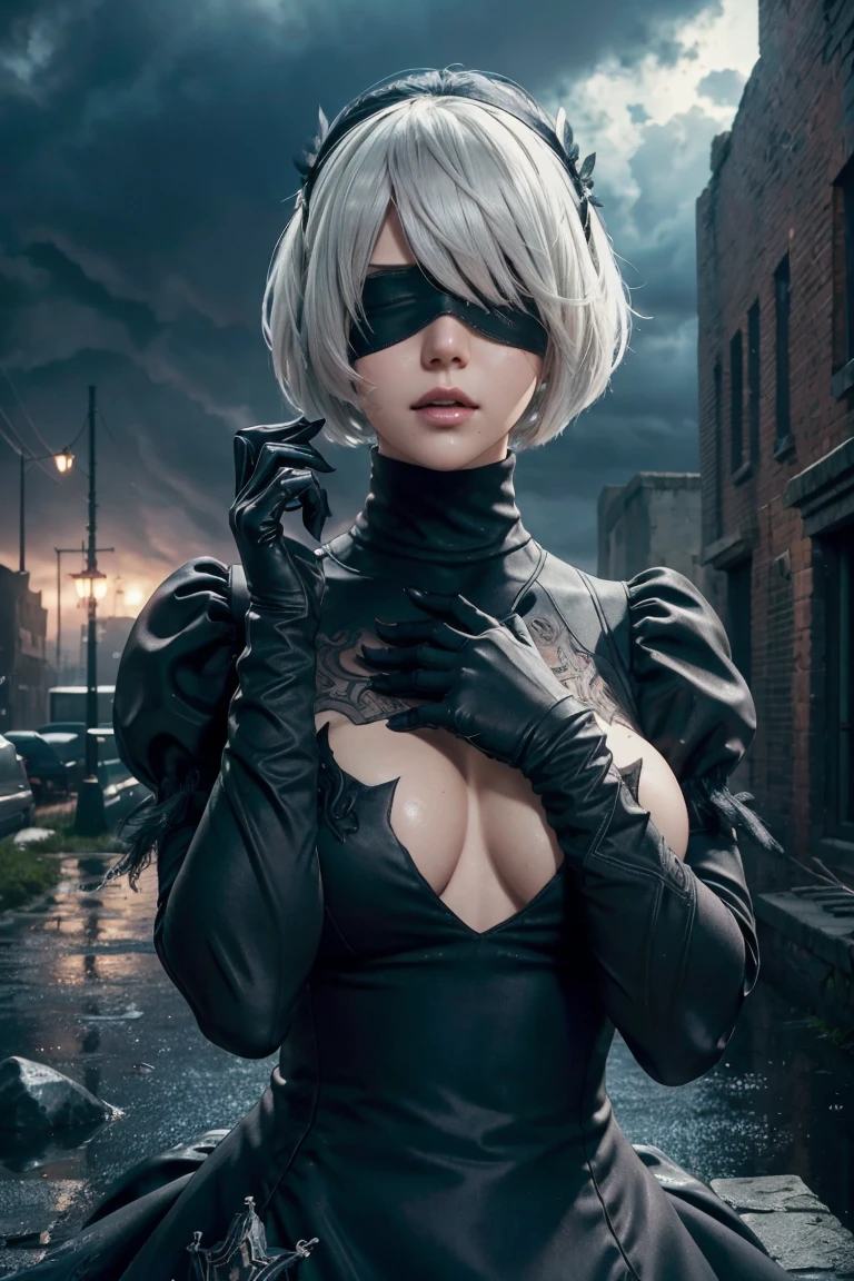 2B Nier Automata,Bobcut, Gray Hair,Long sleeve, Juliet Sleeve, White gloves, turtleneck, bangs, Feather ornament, Feather ornament sleeves, Blindfold, Black Goth Dress,Japanese Ultra HD,super high quality,masterpiece,Digital SLR,Photorealistic,Detailed details,Vivid details,Depicted in detail,A detailed face,Detailed details,Super Detail,Realistic skin texture,Anatomical basis,Perfect Anatomy,Anatomically correct hand,Anatomically correct fingers,Complex 3D rendering,Sexy pose,Rainy Sky,Beautiful scenery,Fantastic rainy sky,Fantasy worldview,Beautiful night sky,Picturesque,Pink Lips,Black butterfly々Fluttering,A ruined world,A devastated battlefield,ruins,