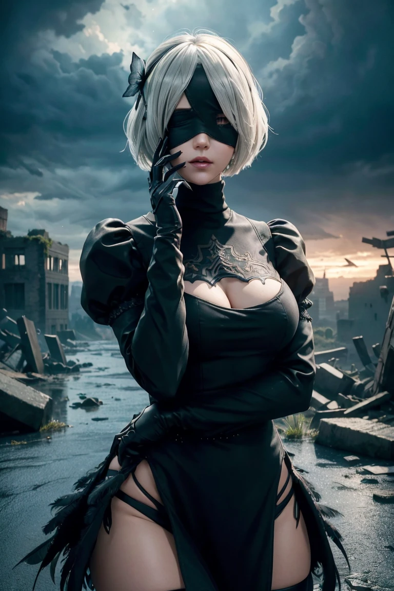 2B Nier Automata,Bobcut, Gray Hair,Long sleeve, Juliet Sleeve, White gloves, turtleneck, bangs, Feather ornament, Feather ornament sleeves, Blindfold, Black Goth Dress,Japanese Ultra HD,super high quality,masterpiece,Digital SLR,Photorealistic,Detailed details,Vivid details,Depicted in detail,A detailed face,Detailed details,Super Detail,Realistic skin texture,Anatomical basis,Perfect Anatomy,Anatomically correct hand,Anatomically correct fingers,Complex 3D rendering,Sexy pose,Rainy Sky,Beautiful scenery,Fantastic rainy sky,Fantasy worldview,Beautiful night sky,Picturesque,Pink Lips,Black butterfly々Fluttering,A ruined world,A devastated battlefield,ruins,