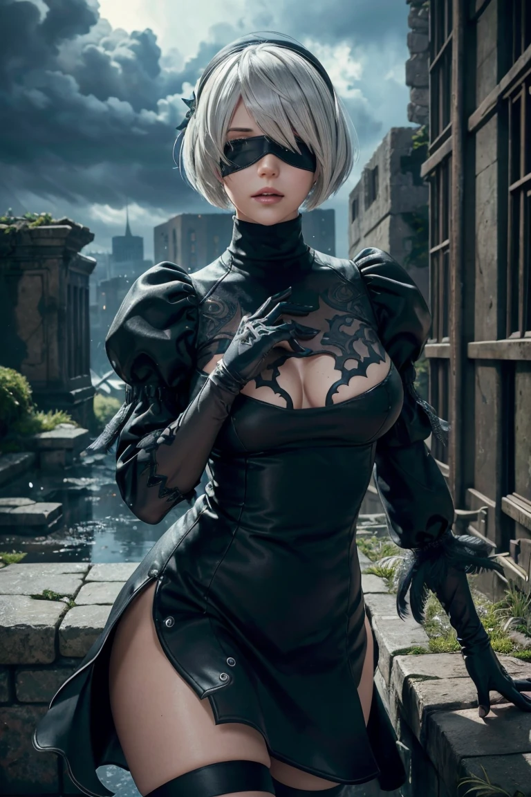 2B Nier Automata,Bobcut, Gray Hair,Long sleeve, Juliet Sleeve, White gloves, turtleneck, bangs, Feather ornament, Feather ornament sleeves, Blindfold, Black Goth Dress,Japanese Ultra HD,super high quality,masterpiece,Digital SLR,Photorealistic,Detailed details,Vivid details,Depicted in detail,A detailed face,Detailed details,Super Detail,Realistic skin texture,Anatomical basis,Perfect Anatomy,Anatomically correct hand,Anatomically correct fingers,Complex 3D rendering,Sexy pose,Rainy Sky,Beautiful scenery,Fantastic rainy sky,Fantasy worldview,Beautiful night sky,Picturesque,Pink Lips,Black butterfly々Fluttering,A ruined world,A devastated battlefield,ruins,