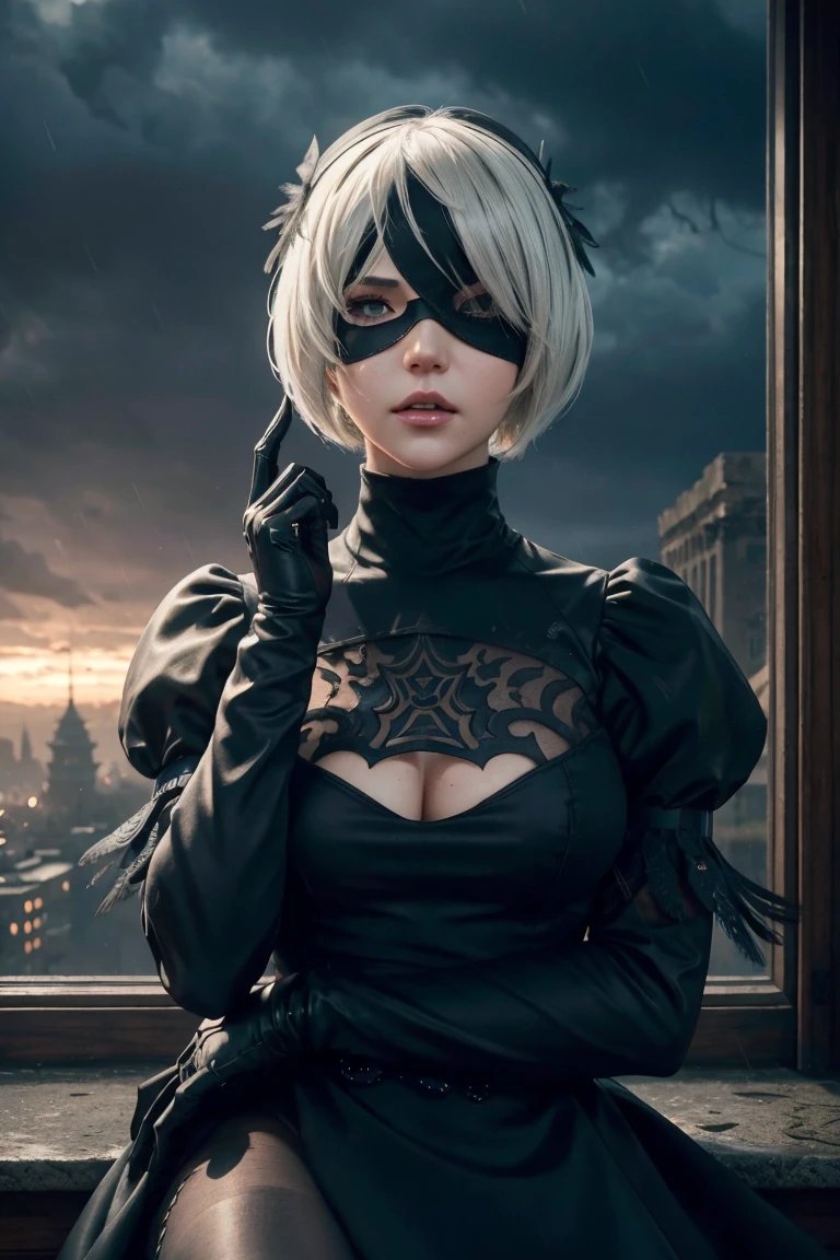 2B Nier Automata,Bobcut, Gray Hair,Long sleeve, Juliet Sleeve, White gloves, turtleneck, bangs, Feather ornament, Feather ornament sleeves, Blindfold, Black Goth Dress,Japanese Ultra HD,super high quality,masterpiece,Digital SLR,Photorealistic,Detailed details,Vivid details,Depicted in detail,A detailed face,Detailed details,Super Detail,Realistic skin texture,Anatomical basis,Perfect Anatomy,Anatomically correct hand,Anatomically correct fingers,Complex 3D rendering,Sexy pose,Rainy Sky,Beautiful scenery,Fantastic rainy sky,Fantasy worldview,Beautiful night sky,Picturesque,Pink Lips,Black butterfly々Fluttering,A ruined world,A devastated battlefield,ruins,