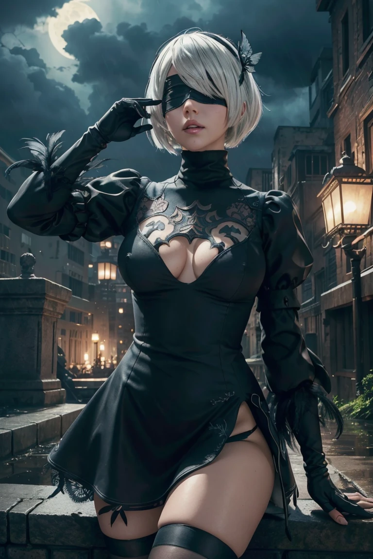 2B Nier Automata,Bobcut, Gray Hair,Long sleeve, Juliet Sleeve, White gloves, turtleneck, bangs, Feather ornament, Feather ornament sleeves, Blindfold, Black Goth Dress,Japanese Ultra HD,super high quality,masterpiece,Digital SLR,Photorealistic,Detailed details,Vivid details,Depicted in detail,A detailed face,Detailed details,Super Detail,Realistic skin texture,Anatomical basis,Perfect Anatomy,Anatomically correct hand,Anatomically correct fingers,Complex 3D rendering,Sexy pose,Rainy Sky,Beautiful scenery,Fantastic rainy sky,Fantasy worldview,Beautiful night sky,Picturesque,Pink Lips,Black butterfly々Fluttering,A ruined world,A devastated battlefield,ruins,