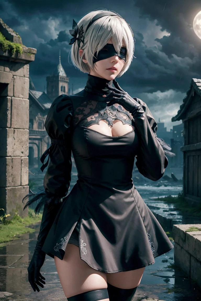 2B Nier Automata,Bobcut, Gray Hair,Long sleeve, Juliet Sleeve, White gloves, turtleneck, bangs, Feather ornament, Feather ornament sleeves, Blindfold, Black Goth Dress,Japanese Ultra HD,super high quality,masterpiece,Digital SLR,Photorealistic,Detailed details,Vivid details,Depicted in detail,A detailed face,Detailed details,Super Detail,Realistic skin texture,Anatomical basis,Perfect Anatomy,Anatomically correct hand,Anatomically correct fingers,Complex 3D rendering,Sexy pose,Rainy Sky,Beautiful scenery,Fantastic rainy sky,Fantasy worldview,Beautiful night sky,moonlight,Beautiful night skyの月,Picturesque,Pink Lips,Black butterfly々Fluttering,A ruined world,A devastated battlefield,ruins,