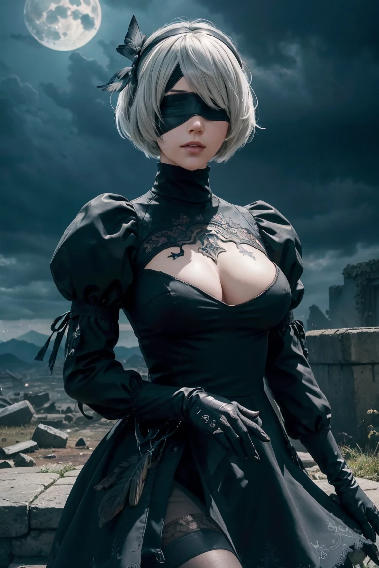 2B Nier Automata,Bobcut, Gray Hair,Long sleeve, Juliet Sleeve, White gloves, turtleneck, bangs, Feather ornament, Feather ornament sleeves, Blindfold, Black Goth Dress,Japanese Ultra HD,super high quality,masterpiece,Digital SLR,Photorealistic,Detailed details,Vivid details,Depicted in detail,A detailed face,Detailed details,Super Detail,Realistic skin texture,Anatomical basis,Perfect Anatomy,Anatomically correct hand,Anatomically correct fingers,Complex 3D rendering,Sexy pose,Rainy Sky,Beautiful scenery,Fantastic rainy sky,Fantasy worldview,Beautiful night sky,moonlight,Beautiful night skyの月,Picturesque,Pink Lips,Black butterfly々Fluttering,A ruined world,A devastated battlefield,ruins,