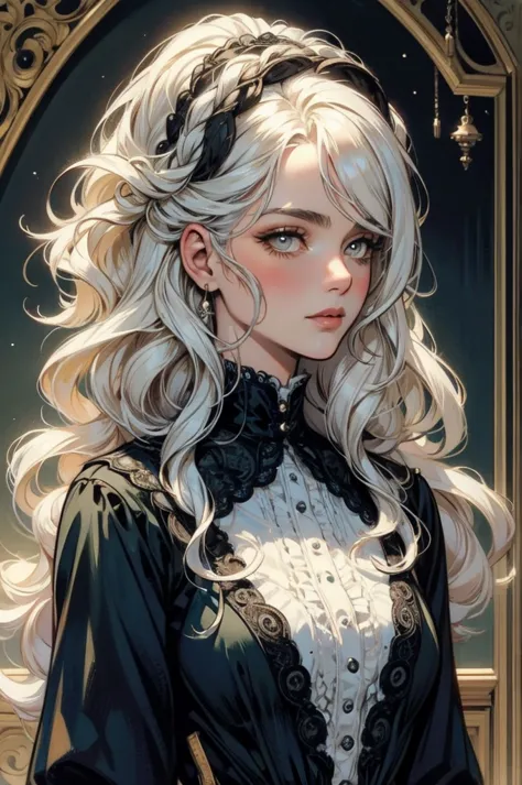 beautiful illustration, ultra-detailed, masterpiece, victorian hairstyle, wavy hair, vintage hairstyle, white hair