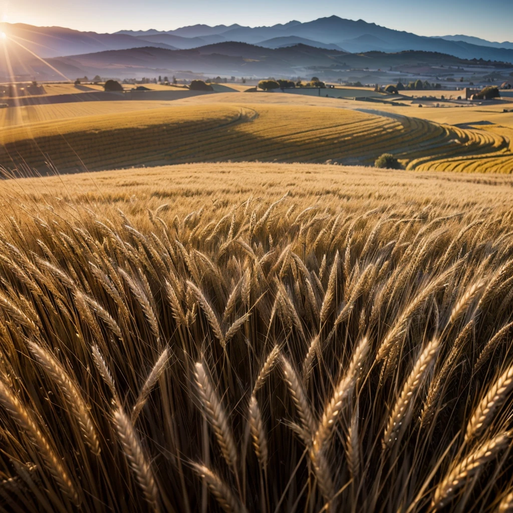 In the background are golden wheat fields and clear blue skies. masterpiece 8k, high Detailed image (realism). Ultra Realistic, Detailed Environments, Dramatic Lighting, ((Detailed Image)), (Intricate Details), Professional Photography, ((Shallow Depth of Field)) (Cinematic Lighting), HDR Enhancement, Ultra Fine Texture, Photorealistic, Extremely Realistic.