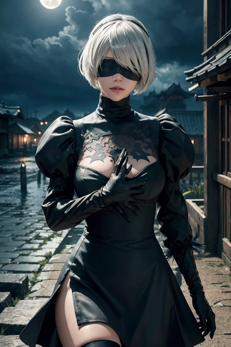 2B Nier Automata,Bobcut, Gray Hair,Long sleeve, Juliet Sleeve, White gloves, turtleneck, bangs, Feather ornament, Feather ornament sleeves, Blindfold, Black Goth Dress,Japanese Ultra HD,super high quality,masterpiece,Digital SLR,Photorealistic,Detailed details,Vivid details,Depicted in detail,A detailed face,Detailed details,Super Detail,Realistic skin texture,Anatomical basis,Perfect Anatomy,Anatomically correct hand,Anatomically correct fingers,Complex 3D rendering,Sexy pose,Rainy Sky,Beautiful scenery,Fantastic rainy sky,Fantasy worldview,Beautiful night sky,moonlight,Beautiful night skyの月,Picturesque,Pink Lips,Black butterfly々Fluttering,A ruined world,A devastated battlefield,ruins,