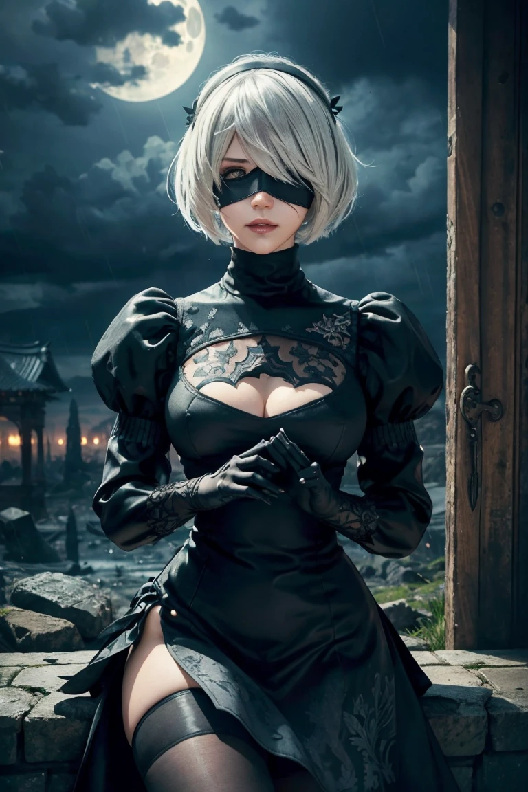 2B Nier Automata,Bobcut, Gray Hair,Long sleeve, Juliet Sleeve, White gloves, turtleneck, bangs, Feather ornament, Feather ornament sleeves, Blindfold, Black Goth Dress,Japanese Ultra HD,super high quality,masterpiece,Digital SLR,Photorealistic,Detailed details,Vivid details,Depicted in detail,A detailed face,Detailed details,Super Detail,Realistic skin texture,Anatomical basis,Perfect Anatomy,Anatomically correct hand,Anatomically correct fingers,Complex 3D rendering,Sexy pose,Rainy Sky,Beautiful scenery,Fantastic rainy sky,Fantasy worldview,Beautiful night sky,moonlight,Beautiful night skyの月,Picturesque,Pink Lips,Black butterfly々Fluttering,A ruined world,A devastated battlefield,ruins,