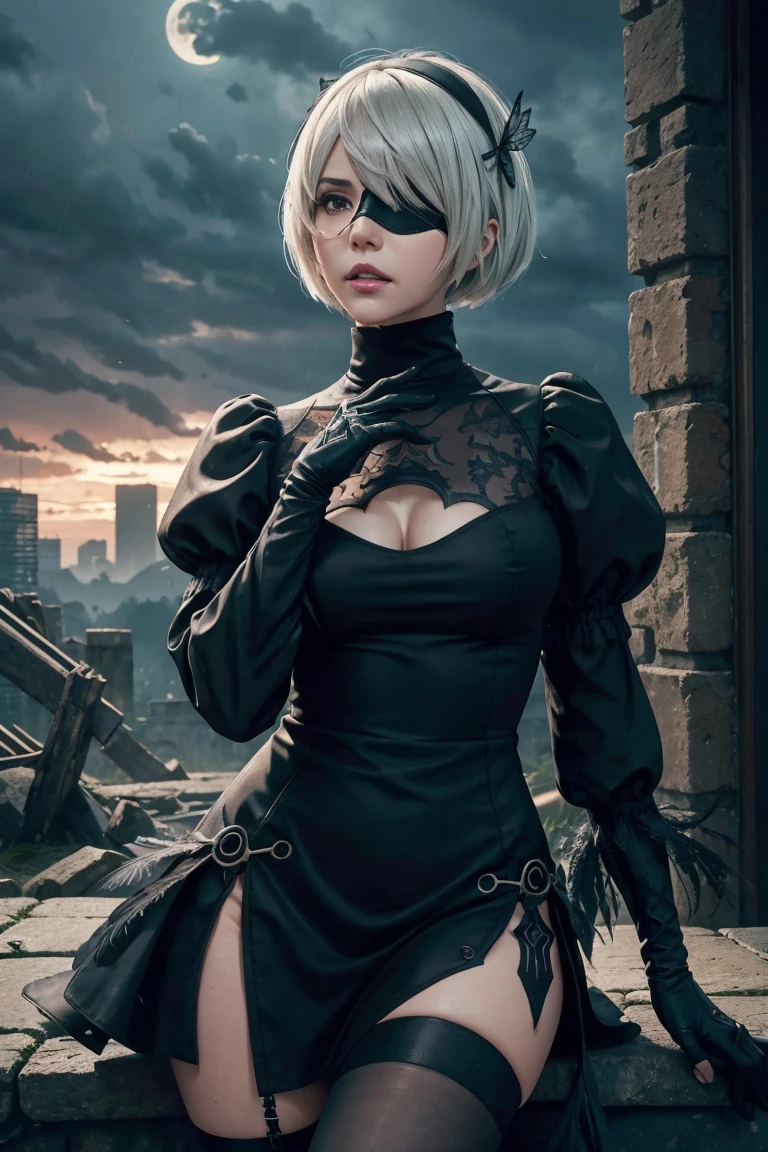 2B Nier Automata,Bobcut, Gray Hair,Long sleeve, Juliet Sleeve, White gloves, turtleneck, bangs, Feather ornament, Feather ornament sleeves, Blindfold, Black Goth Dress,Japanese Ultra HD,super high quality,masterpiece,Digital SLR,Photorealistic,Detailed details,Vivid details,Depicted in detail,A detailed face,Detailed details,Super Detail,Realistic skin texture,Anatomical basis,Perfect Anatomy,Anatomically correct hand,Anatomically correct fingers,Complex 3D rendering,Sexy pose,Rainy Sky,Beautiful scenery,Fantastic rainy sky,Fantasy worldview,Beautiful night sky,moonlight,Beautiful night skyの月,Picturesque,Pink Lips,Black butterfly々Fluttering,A ruined world,A devastated battlefield,ruins,