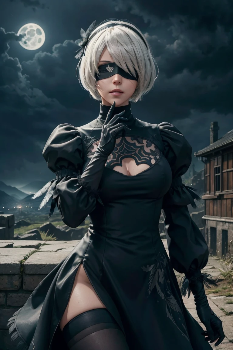 2B Nier Automata,Bobcut, Gray Hair,Long sleeve, Juliet Sleeve, White gloves, turtleneck, bangs, Feather ornament, Feather ornament sleeves, Blindfold, Black Goth Dress,Japanese Ultra HD,super high quality,masterpiece,Digital SLR,Photorealistic,Detailed details,Vivid details,Depicted in detail,A detailed face,Detailed details,Super Detail,Realistic skin texture,Anatomical basis,Perfect Anatomy,Anatomically correct hand,Anatomically correct fingers,Complex 3D rendering,Sexy pose,Rainy Sky,Beautiful scenery,Fantastic rainy sky,Fantasy worldview,Beautiful night sky,moonlight,Beautiful night skyの月,Picturesque,Pink Lips,Black butterfly々Fluttering,A ruined world,A devastated battlefield,ruins,