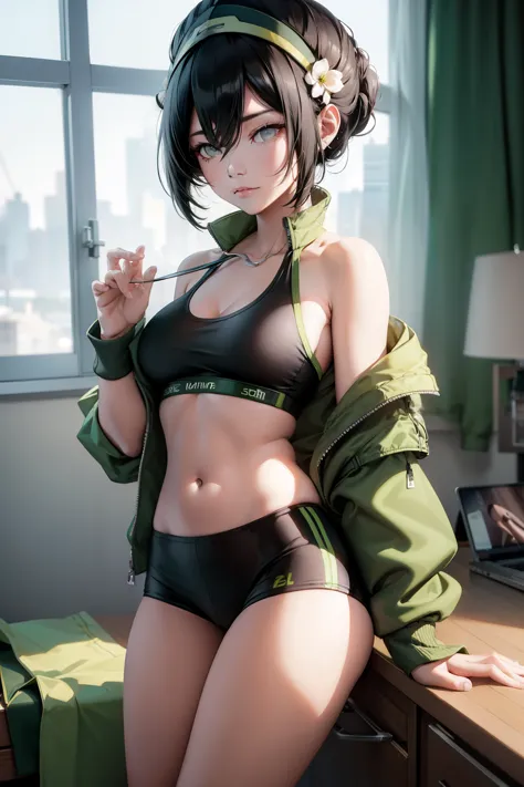 Ultra-detailed,  toph beifong,  adult  , green jacket open , white sport bra , black sexy dolphin shorts  , medium breasts  , gy...