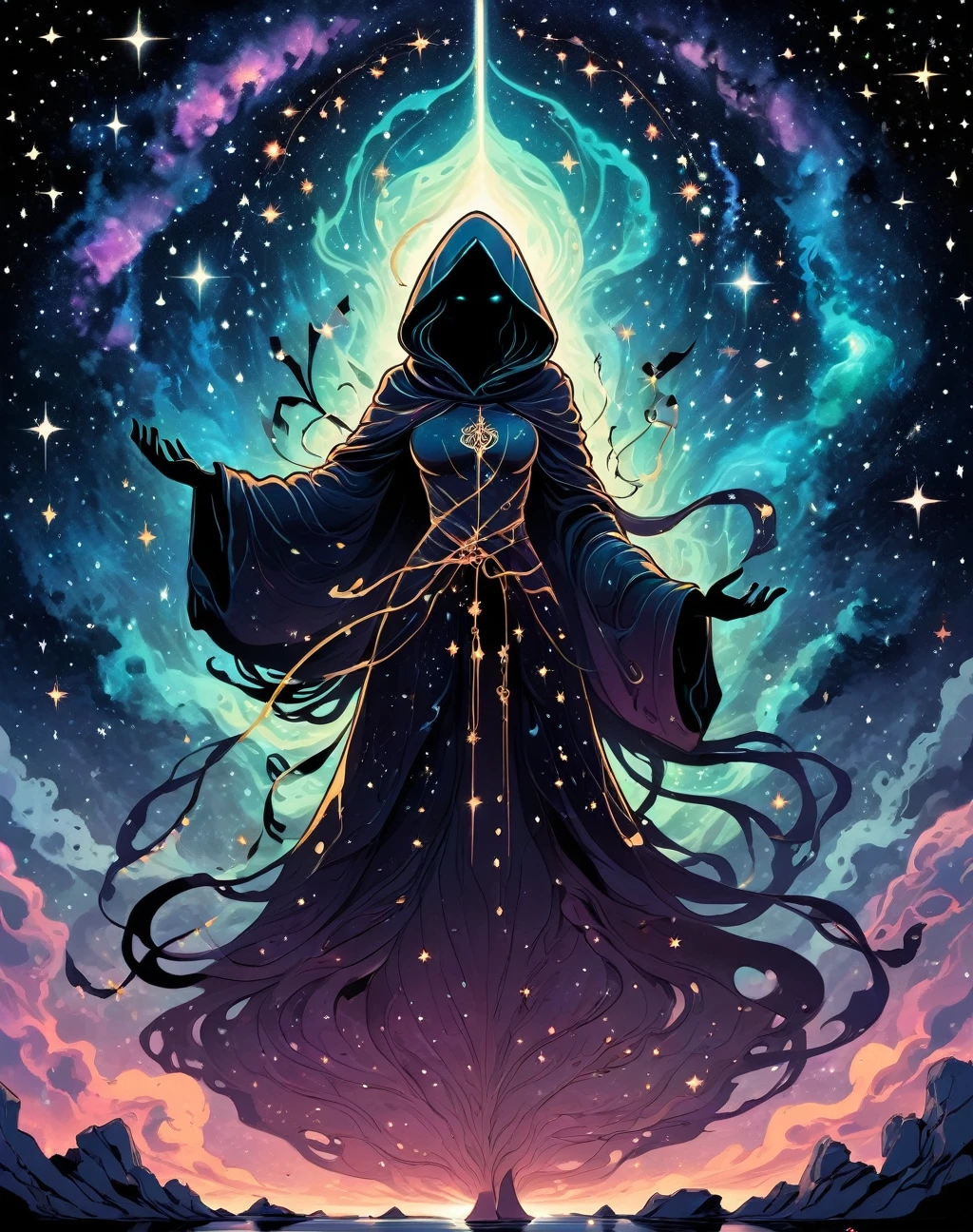 Shadow silhouette, 8k, High resolution, Dark colors, Dark aura, Manga style, flat, Earth Spirit, force, Holding a bow、Wearing a hood, At the shrine, A celestial dreamscape featuring a goddess-like figure surrounded by swirling galaxies and constellations, Her presence illuminates the expanse of the universe with radiant grace.