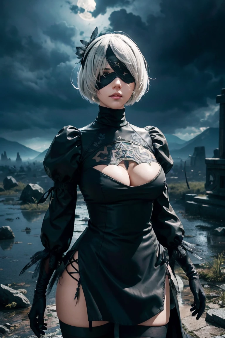 2B Nier Automata,Bobcut, Gray Hair,Long sleeve, Juliet Sleeve, White gloves, turtleneck, bangs, Feather ornament, Feather ornament sleeves, Blindfold, Black Goth Dress,Japanese Ultra HD,super high quality,masterpiece,Digital SLR,Photorealistic,Detailed details,Vivid details,Depicted in detail,A detailed face,Detailed details,Super Detail,Realistic skin texture,Anatomical basis,Perfect Anatomy,Anatomically correct hand,Anatomically correct fingers,Complex 3D rendering,Sexy pose,Rainy Sky,Beautiful scenery,Fantastic rainy sky,Fantasy worldview,Beautiful night sky,moonlight,Beautiful night skyの月,Picturesque,Pink Lips,Black butterfly々Fluttering,A ruined world,A devastated battlefield,ruins,