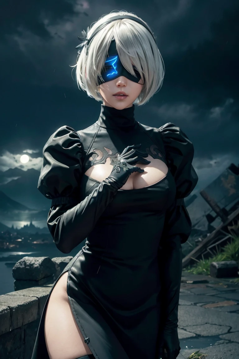 2B Nier Automata,Bobcut, Gray Hair,Long sleeve, Juliet Sleeve, White gloves, turtleneck, bangs, Feather ornament, Feather ornament sleeves, Blindfold, Black Goth Dress,Japanese Ultra HD,super high quality,masterpiece,Digital SLR,Photorealistic,Detailed details,Vivid details,Depicted in detail,A detailed face,Detailed details,Super Detail,Realistic skin texture,Anatomical basis,Perfect Anatomy,Anatomically correct hand,Anatomically correct fingers,Complex 3D rendering,Sexy pose,Rainy Sky,Beautiful scenery,Fantastic rainy sky,Fantasy worldview,Beautiful night sky,moonlight,Beautiful night skyの月,Picturesque,Pink Lips,Black butterfly々Fluttering,A ruined world,A devastated battlefield,ruins,