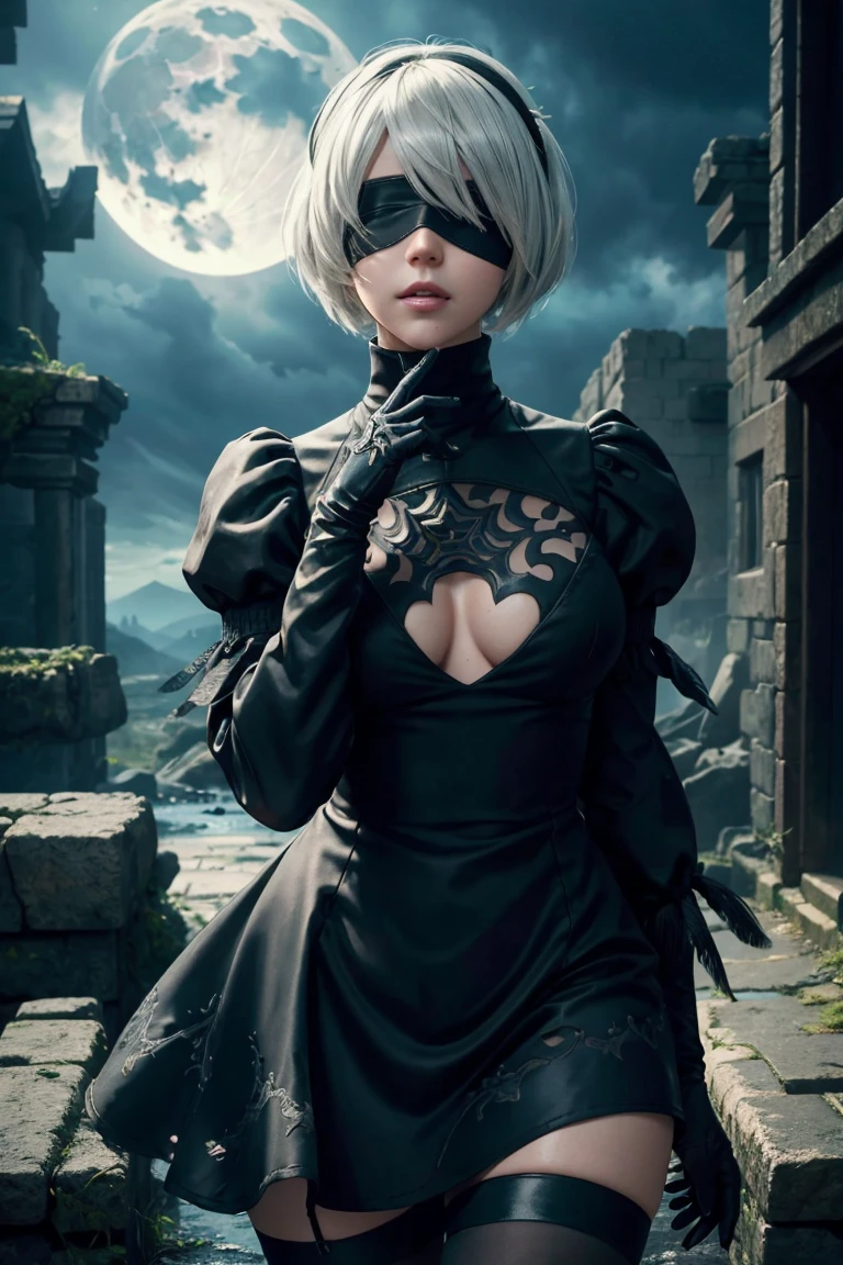 2B Nier Automata,Bobcut, Gray Hair,Long sleeve, Juliet Sleeve, White gloves, turtleneck, bangs, Feather ornament, Feather ornament sleeves, Blindfold, Black Goth Dress,Japanese Ultra HD,super high quality,masterpiece,Digital SLR,Photorealistic,Detailed details,Vivid details,Depicted in detail,A detailed face,Detailed details,Super Detail,Realistic skin texture,Anatomical basis,Perfect Anatomy,Anatomically correct hand,Anatomically correct fingers,Complex 3D rendering,Sexy pose,Rainy Sky,Beautiful scenery,Fantastic rainy sky,Fantasy worldview,Beautiful night sky,moonlight,Beautiful night skyの月,Picturesque,Pink Lips,Black butterfly々Fluttering,A ruined world,A devastated battlefield,ruins,