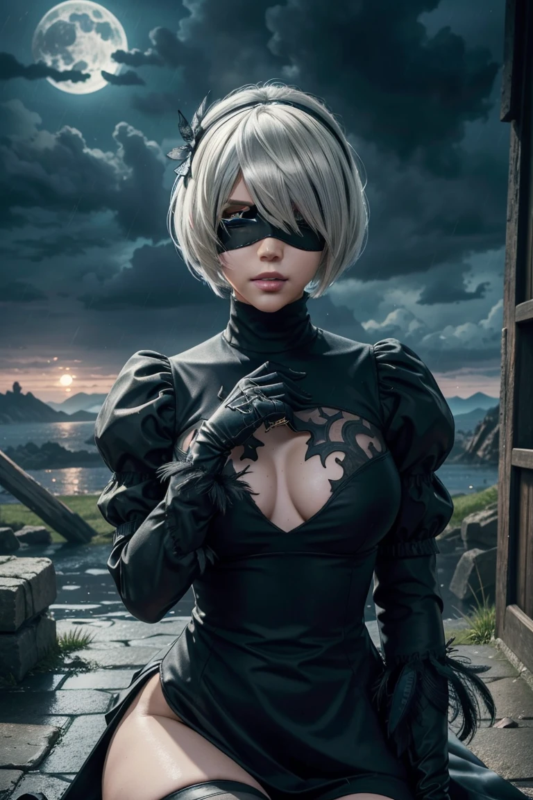 2B Nier Automata,Bobcut, Gray Hair,Long sleeve, Juliet Sleeve, White gloves, turtleneck, bangs, Feather ornament, Feather ornament sleeves, Blindfold, Black Goth Dress,Japanese Ultra HD,super high quality,masterpiece,Digital SLR,Photorealistic,Detailed details,Vivid details,Depicted in detail,A detailed face,Detailed details,Super Detail,Realistic skin texture,Anatomical basis,Perfect Anatomy,Anatomically correct hand,Anatomically correct fingers,Complex 3D rendering,Sexy pose,Rainy Sky,Beautiful scenery,Fantastic rainy sky,Fantasy worldview,Beautiful night sky,moonlight,Beautiful night skyの月,Picturesque,Pink Lips,Black butterfly々Fluttering,A ruined world,A devastated battlefield,ruins,