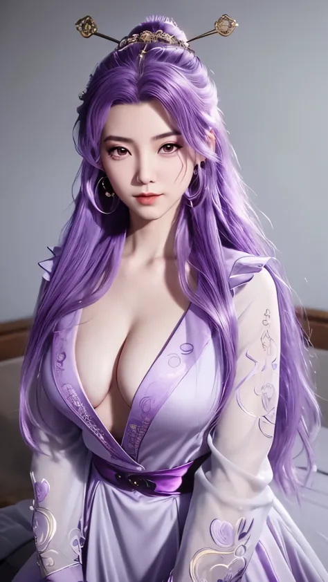  1girl, 独奏,purple hair, long hair, black eyes, hair ornament,medium breasts, cleavage, jewelry,purple hair,  earrings, sky, dres...