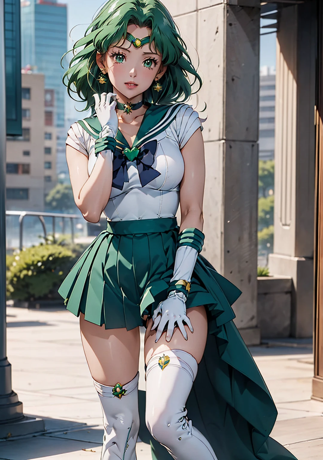 (La Highest quality,High resolution,Very detailed,Actual),Ariana Grande,One Girl, Sailor Neptune, (Sailor Warrior Uniforms:1.4), Dark green hair, Medium Hair, Supplicant Skirt, Earrings, (白いElbow hand pockets:1.4), gem, Center of chest, Dynamic Background, Dynamic posture, High heels,More detailed 8K.Unreal Engine:1.4,超High resolution,La Highest quality:1.4, Realistic:1.4, Skin Texture:1.4, masterpiece:1.8,masterpiece, Highest quality,Object Object], (Detailed facial features:1.3),(Great hands),,(White knee-high boots: 1.4), choker, (White gloves:1.4), choker verde, Elbow hand pockets, gem, Earrings, Green Skirt, Green Hair,(Sailor Neptune:1.4),(Half Body:1.4) ,(Hand Detail:1.4 ), ,( Cyberpunk 2.1),( Beautiful green eyes ), ((Spread your legs:1.5)), ((Spreading pussy:1.5)), From the knee up, Sitting, Raise your knees, Raise your arms above your head