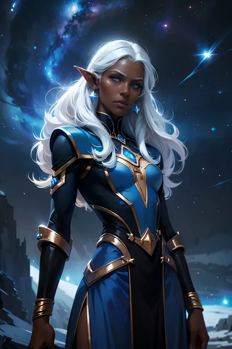 allura, blue eyes, white hair, pointed ears, dark skin, dark-skinned woman, mark on the face, elf, dark elf, jewelry, earrings, ...