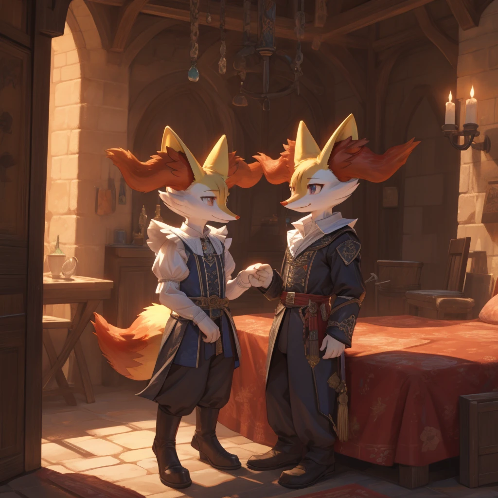 Pokémon, a female braixen, standing, bedchambers, wearing noble clothing, Fancy clothing, medieval setting, smiling, daytime