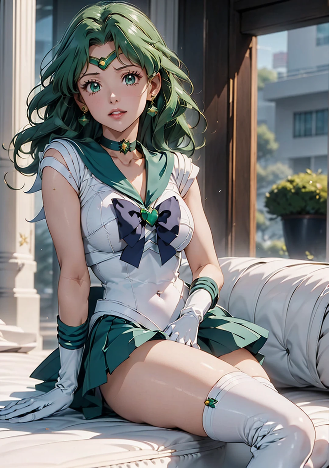 (La Highest quality,High resolution,Very detailed,Actual),Ariana Grande,One Girl, Sailor Neptune, (Sailor Warrior Uniforms:1.4), Dark green hair, Medium Hair, Supplicant Skirt, Earrings, (白いElbow hand pockets:1.4), gem, Center of chest, Dynamic Background, Dynamic posture, High heels,More detailed 8K.Unreal Engine:1.4,超High resolution,La Highest quality:1.4, Realistic:1.4, Skin Texture:1.4, masterpiece:1.8,masterpiece, Highest quality,Object Object], (Detailed facial features:1.3),(Great hands),,(White knee-high boots: 1.4), choker, (White gloves:1.4), choker verde, Elbow hand pockets, gem, Earrings, Green Skirt, Green Hair,(Sailor Neptune:1.4),(Half Body:1.4) ,(Hand Detail:1.4 ), ,( Cyberpunk 2.1),( Beautiful green eyes ), ((Spread your legs:1.5)), ((Spreading pussy:1.5)), From the knee up, Sitting, Raise your knees, Raise your arms above your head, lyingu on bed