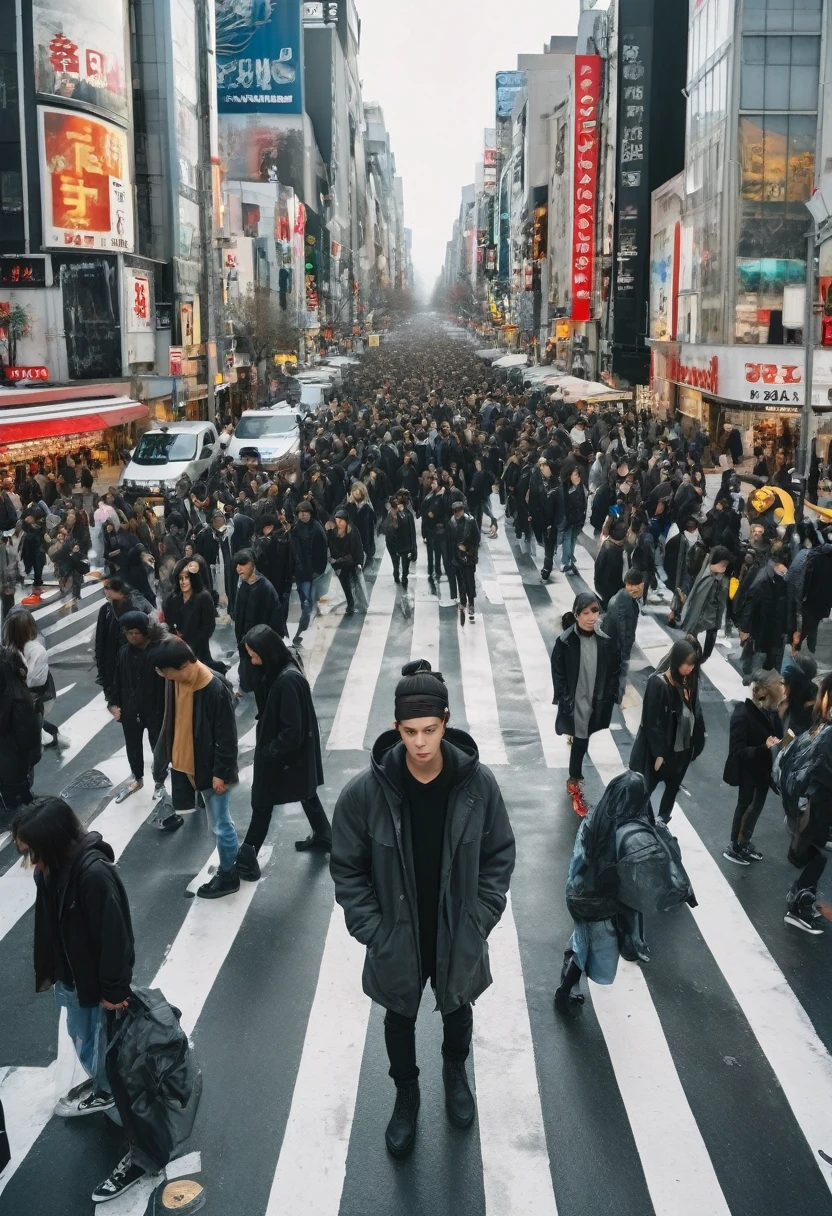 Extreme high angle photo shot, professional model, standard body height,  (human to human ratio 1:1) standing on a crosswalk center inspired by Shibuya scramble, stare into the camera, wearing black washing safari long jacket with black hoodie, black cargo pants, dark grey boots, people with various color clothing, crowded street realistic photographs
