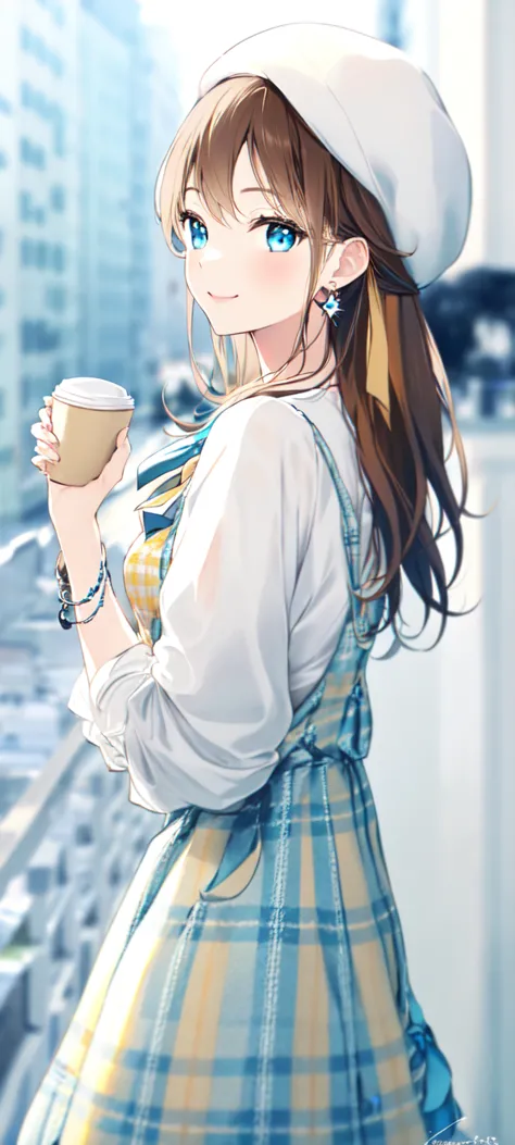 -first love, 1girl, solo, jewelry, plaid dress, looking at viewer, cup, earrings, hat, blue eyes, long hair, coffee cup, plaid, ...