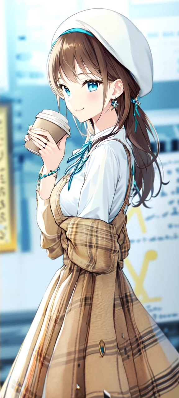 -first love, 1girl, solo, jewelry, plaid dress, looking at viewer, cup, earrings, hat, blue eyes, long hair, coffee cup, plaid, shirt, disposable cup, holding, signature, ring, hair ornament, holding cup, long sleeves, brown hair, upper body, dress, neck ribbon, ribbon, bangs, closed mouth, smile, white shirt, yellow nails, hairclip, nail polish, from side, aqua ribbon, blurry background, beret, plaid shirt, blue ribbon, blurry, brown headwear, bag, breasts, plaid headwear, bracelet