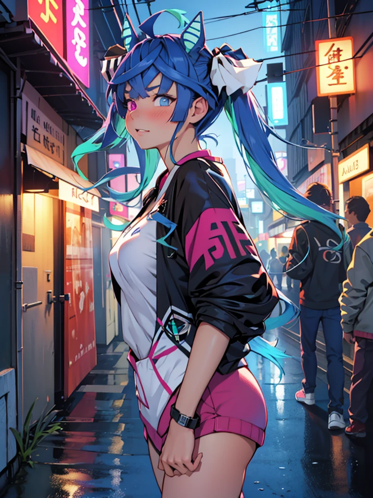 (Masterpiece, best quality, high res、highly detailed cg: 1), A foreign land where the language is not understood, a prostitute inviting with body language, both not understanding each other's words but the intentions are clear, she is using gestures and expressions, street at night, subtle lighting, exotic atmosphere. Twin_Turbo_Umamusume, aqua hair, twintails, heterochromia, purple eyes, blue eyes, small breasts,  (Blush, half closed eyes)