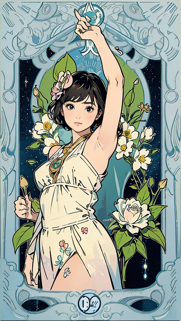 Tarot Cardmasterpiece、la plus haute qualité、détails étonnants、contexte détaillé、dessin au trait、Profondeur de la limite écrite、ombrage plat、Style Mucha、Art Nouveau、Art Botanique、Art floral、entouré de nombreuses fleurs、、fille、、Costumes d'idoles des années 80、Couleur vintage、Coloré、Anatomiquement correct、Dodu、Montrer vos aisselles、YEUX EXPRESSIFS、visage parfait、cheveux noirs、Cheveux courts、Coupe Seiko-chan、Embarrassant、Elle rougit、Attention à la navigation